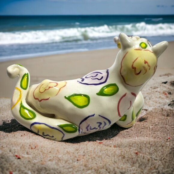 Whimsical White Cat Figure Colorful Swirls Signed By Amy LaCombe Annaco 2001 - Picture 2 of 13